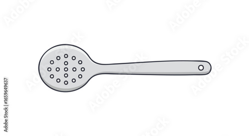 A simple, clean illustration of a silver slotted spoon with a long handle and a perforated bowl, used for draining liquids from food.