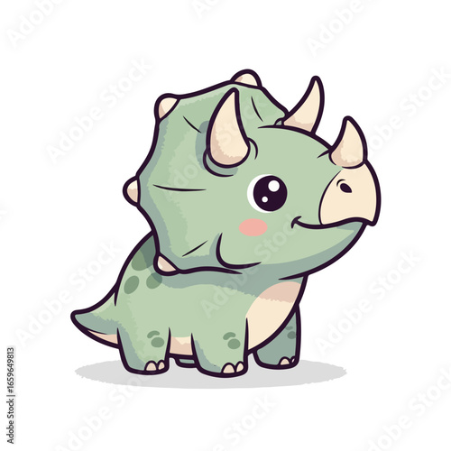 A cute baby Triceratops sticker design, chibi cartoon style, 2D vector illustration. Flat illustration of an adorable little Triceratops. Kawaii style, character art, isolated on white background