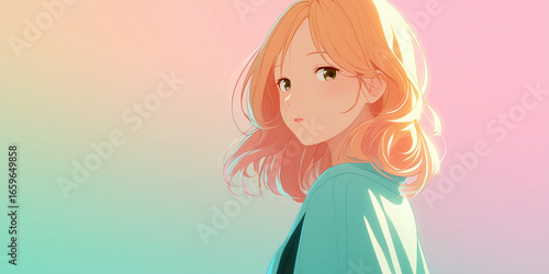 A beautiful anime-style woman with long wavy hair looking back over her shoulder, with warm golden light against a dreamy pastel gradient background, expressing serene beauty