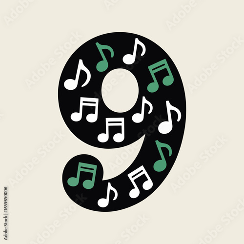Black number nine filled with white and green musical notes image photo