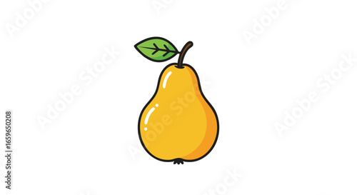A simple vector illustration of a yellow pear with a green leaf.