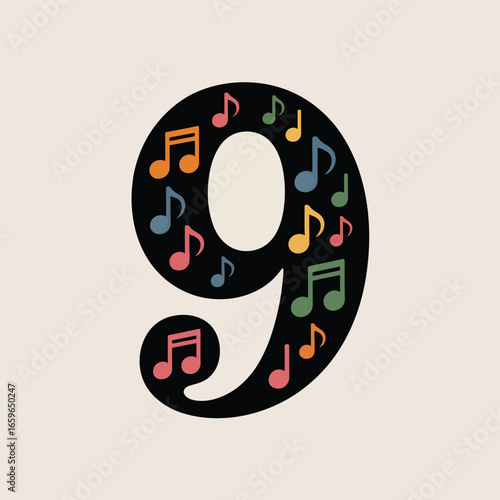 Number nine filled with colorful musical notes on a light beige background image photo
