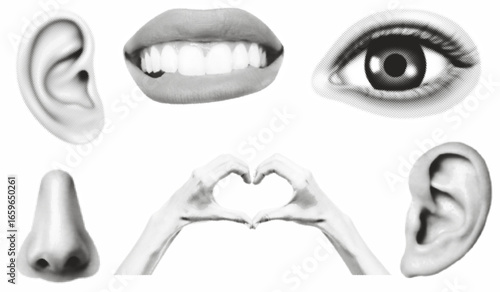 Halftone collage elements on white background. Set of dotted texture eyes, hands, lips, smile, nose and ears . Pop art or dotted facial parts and cut-out stickers.