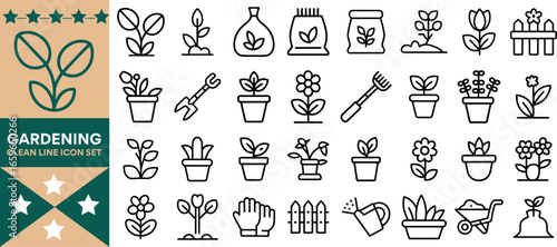 gardening line icon set, gardening, flower, leaf, firm, spray, signs, planting, root, plan, nurture, silhouette, editable, landscaping, barn and more vector illustration