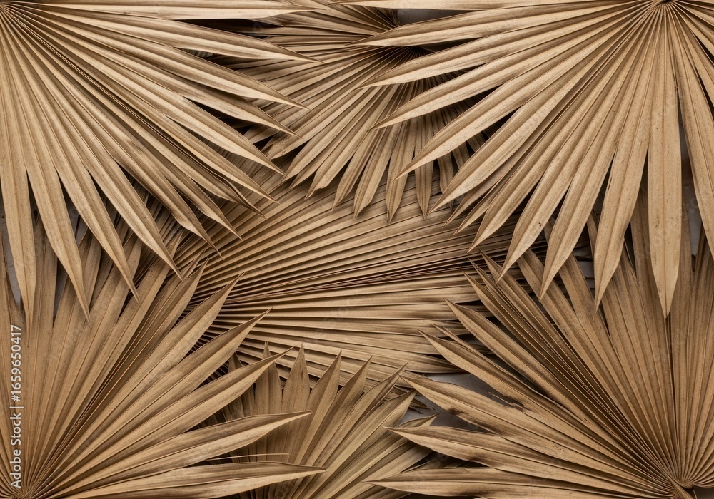 Obraz premium Textured Tapestry of Overlapping Dried Fan Palm Fronds Creating a Natural Geometric Pattern.