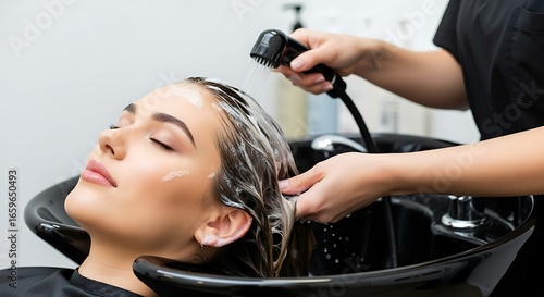 Wallpaper Mural Woman receiving a hair wash treatment at a salon with eyes closed in comfort Torontodigital.ca