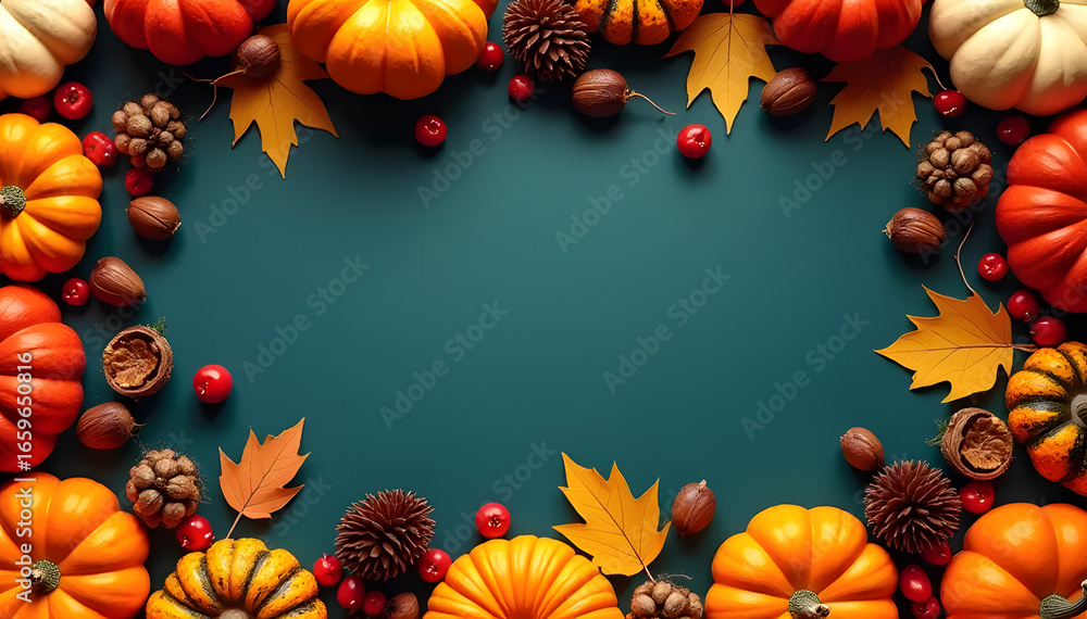 Fototapeta premium Pumpkins, autumn leaves and other fall elements on dark teal background