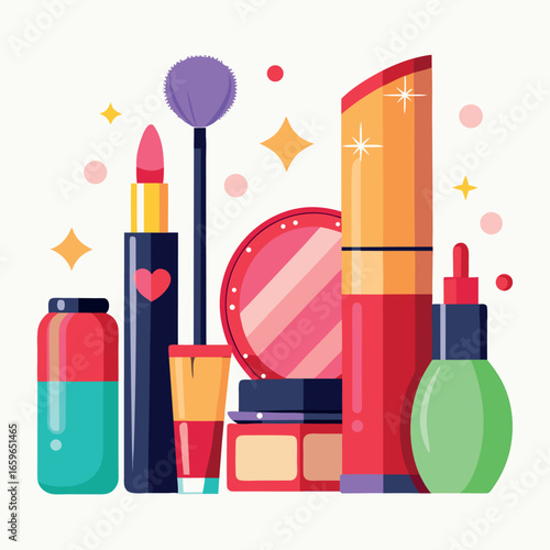 Vector art of assortment of colorful makeup and cosmetic products