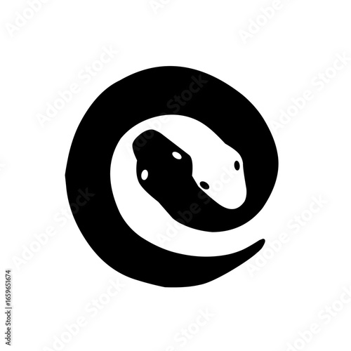 A minimalist black and white logo featuring two intertwined snakes forming a circular shape. The design symbolizes unity, balance, and eternity, with smooth curves and simple details giving it a moder