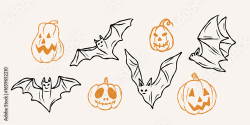 Hand drawn doodle Halloween pumpkin and bat collection