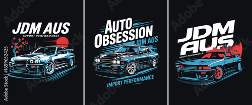 JDM AUS import performance Japanese car illustration set retro tuning style emblem for automotive apparel and t shirt design