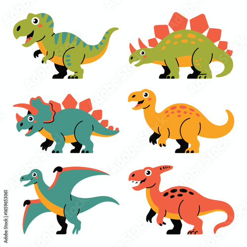 Six colorful cartoon dinosaurs on a white background prehistoric ancient