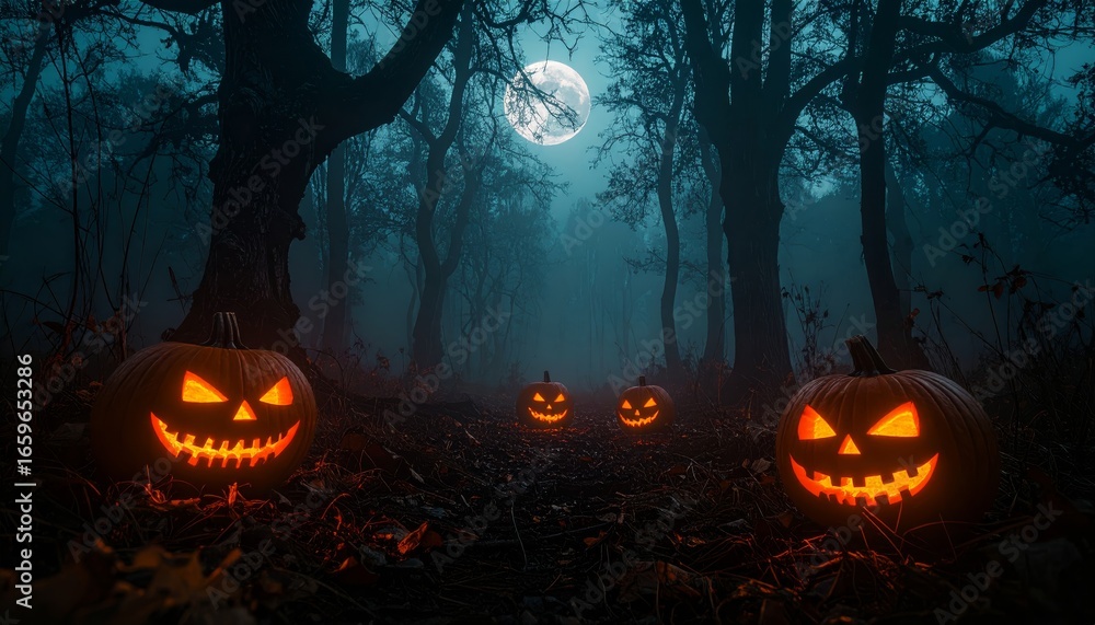 Fototapeta premium A spooky orange Halloween pumpkin with bats and a black tree silhouette against a dark moonlit sky