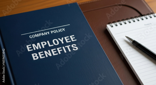 Employee benefits company policy book and notebook with pen on a wooden background