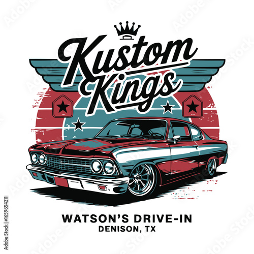 Kustom Kings classic car emblem with retro lowrider auto badge, Watson’s Drive-In Denison Texas vintage t shirt design