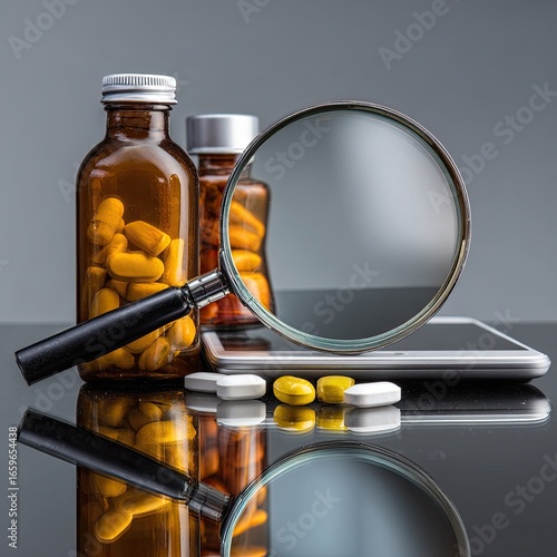 Medical bottles, pills, and magnifying glass on a reflective surface