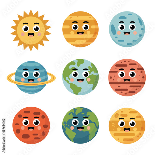 Collection of cute cartoon planets and sun from the solar system image photo