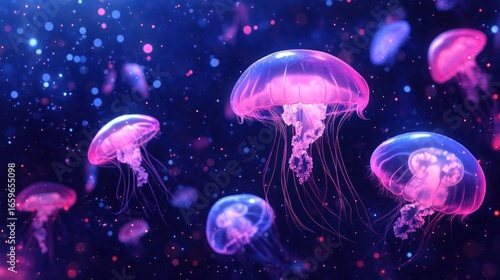 Glowing neon Jellyfish Underwater. Jellyfish Texture. Close-Up of Jellyfish. Bioluminescent Jellyfish. Jellyfish Tentacles. Pattern of Jellyfish. Detailed Jellyfish Texture. Natural Ocean Creatures.	