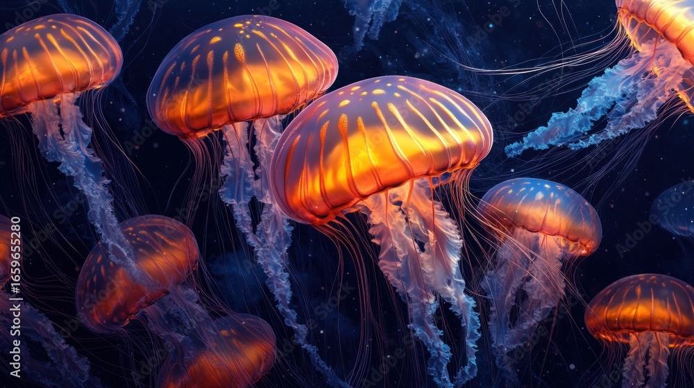 Fototapeta premium Glowing neon Jellyfish Underwater. Jellyfish Texture. Close-Up of Jellyfish. Bioluminescent Jellyfish. Jellyfish Tentacles. Pattern of Jellyfish. Detailed Jellyfish Texture. Natural Ocean Creatures. 