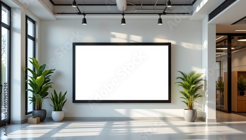 a spacious office lobby with modern furnishings. there is a large screen displaying a presentation or video content mounted on a wall