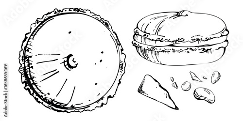 Whoopie pies, French macarons from top and side with chocolate chip chunks and cocoa candy dragees. Vector ink isolated hand drawn artwork. Scrapbooking, culinary design packs, printable recipe cards.