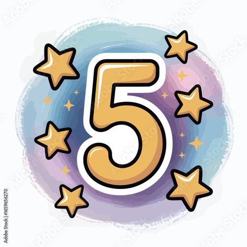 Number 5 surrounded by stars and colorful cloud background number five digit
