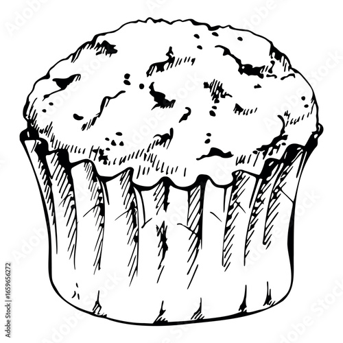 Home-baked muffin hand drawn in vector ink. Puffy cupcake, brownie sponge cake biscuit pastry, sweet petit four base. Isolated illustration for breakfast prints, organic packaging, editorial layouts.