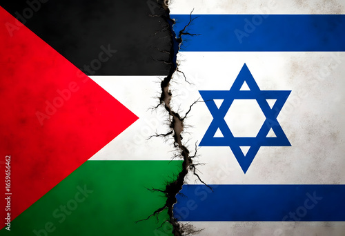 A Palestinian and Israeli flag displayed on a shattered concrete surface, symbolizing conflict and hope amidst destruction, with the flags prominently featured against the rough background.
