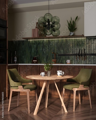 Fabulous and modern kitchen with a stylish kitchen table in a luxurious design style..