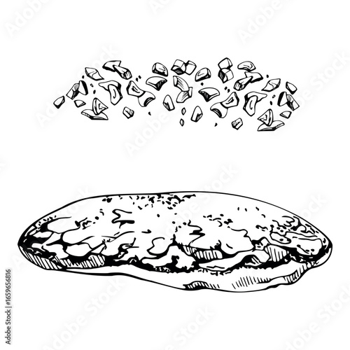 Fluffy pancake or flapjack with crushed nuts, chocolate cocoa chips topping. Isolated food element hand drawn in vector ink. Recipe illustration, product tags, kitchen decor, baking event templates.