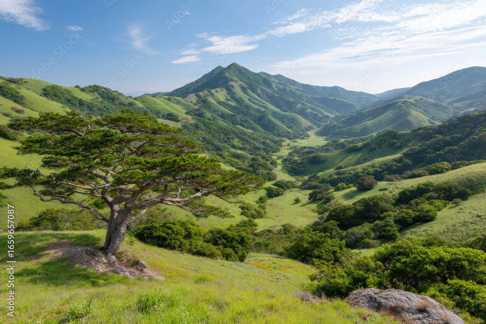 Naklejka premium captivating summer landscapes across countries feature lush green hills with solitary tree
