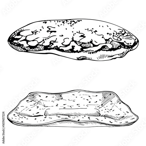 Handmade ceramic dish tray with baked pancake flapjack, puffy griddlecake and serving plate. Isolated hand drawn vector ink illustration. Bakery menu, organic dessert branding, summer campaign poster.