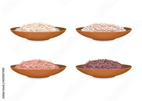 Types of rice in white bowls stock illustration