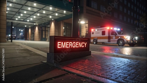 Emergency room entrance at night with ambulance parked outside providing medical assistance and urgent care in the city