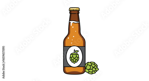 Illustration of a brown beer bottle with a hop cone on its label and another hop cone beside it.