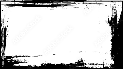 Black grunge frame for stories and social network media 16 9. Template with brush stroke. Rectangular border with grunge overlay. Vector illustration isolated on white background. 