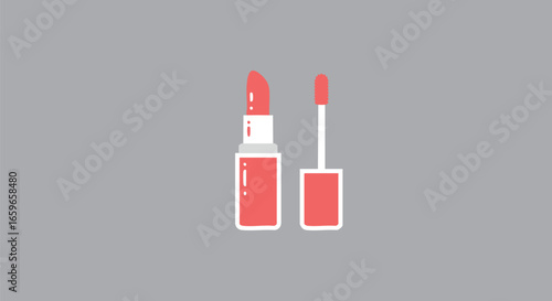 Illustration of a lipstick tube and applicator on a gray background.