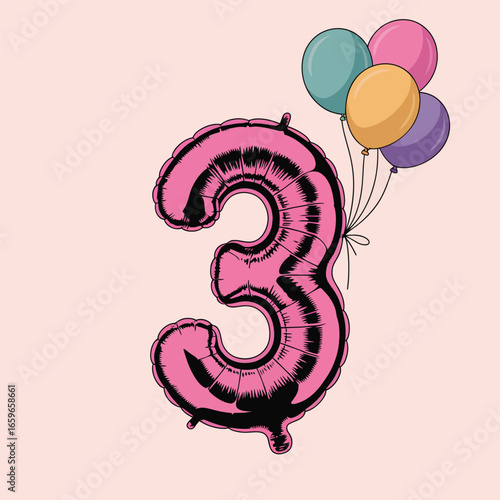 Pink foil balloon number 3 with colorful balloons on pink background three pink balloon