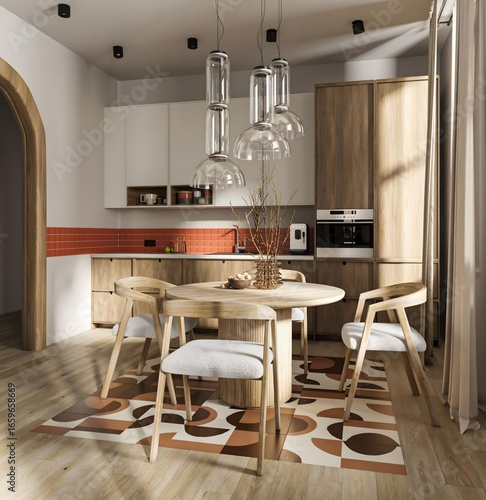 Fabulous and modern kitchen with a stylish kitchen table in a luxurious design style..