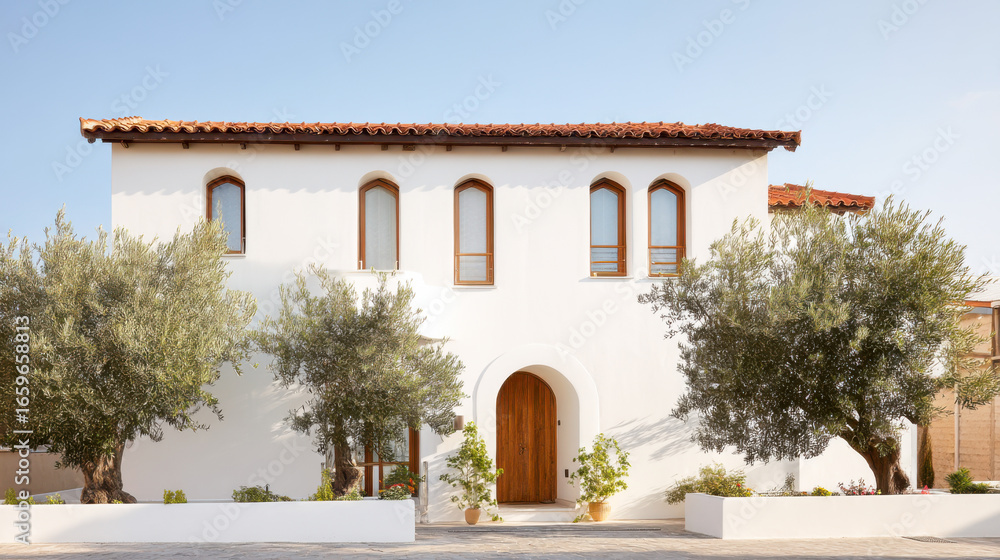 Fototapeta premium Frontal view of a single-family Mediterranean house with olive trees in soft sunlight