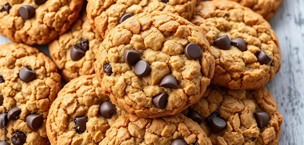 Golden-brown, chewy oatmeal cookies studded with chocolate chips, freshly baked, chewy, cookies Golden-brown, chewy oatmeal cookies studded with chocolate chips, freshly baked, chewy, cookies