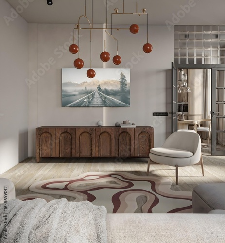 A modern living room in a luxurious stylish indoor design style..