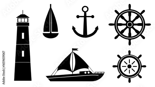 Nautical icons set featuring lighthouse sailboats anchor and ship wheels