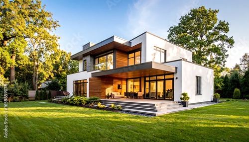 Modern Home Exterior with Lush Landscaping at Sunset