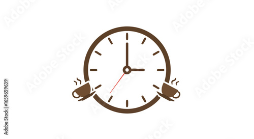 A clock face with two coffee cups on either side, symbolizing coffee time or a coffee break.