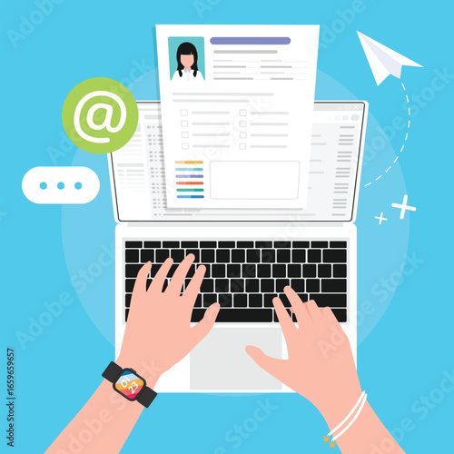 Two hand typing on laptop, Resume CV create and sending by email concept.
