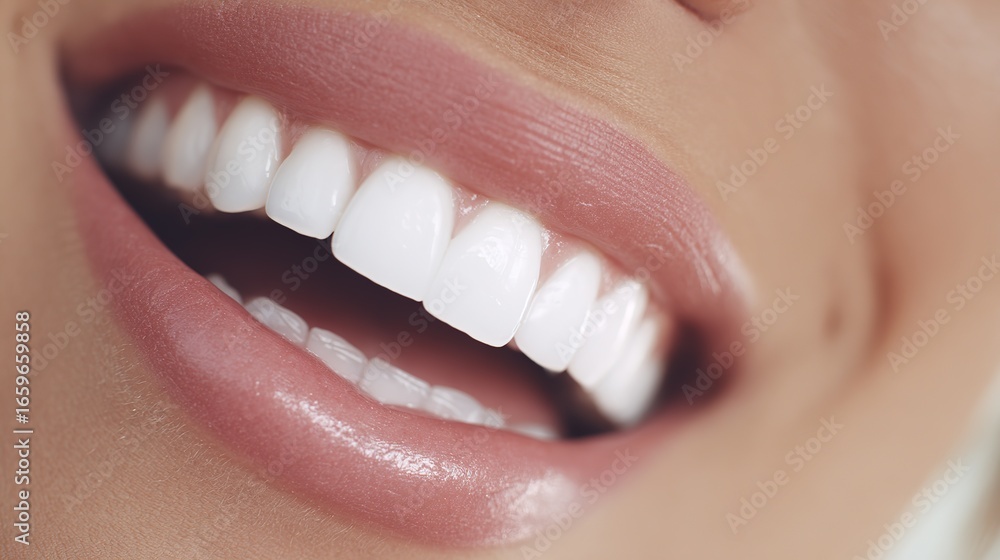 Fototapeta premium Beautiful woman with a big smile showing her white teeth in a close-up on a blue background, emphasizing a healthy mouth and perfect dental health.