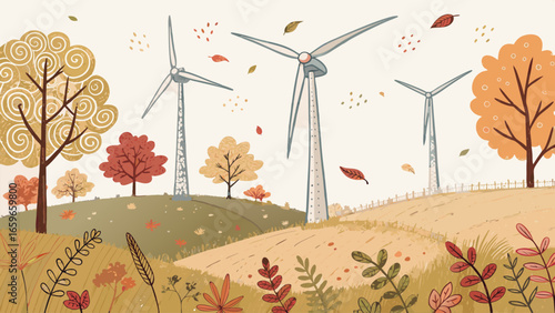 Sustainable wind turbines stylized as giant seed pods in an autumn meadow, organic hand-drawn swirls in inclusive earth tones