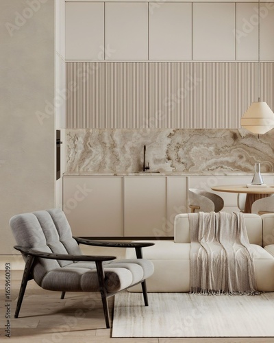 A modern living room in a luxurious stylish indoor design style..