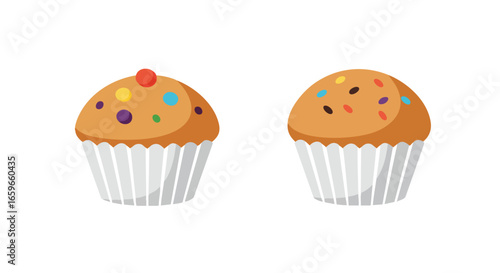 Two delicious muffins with colorful sprinkles.